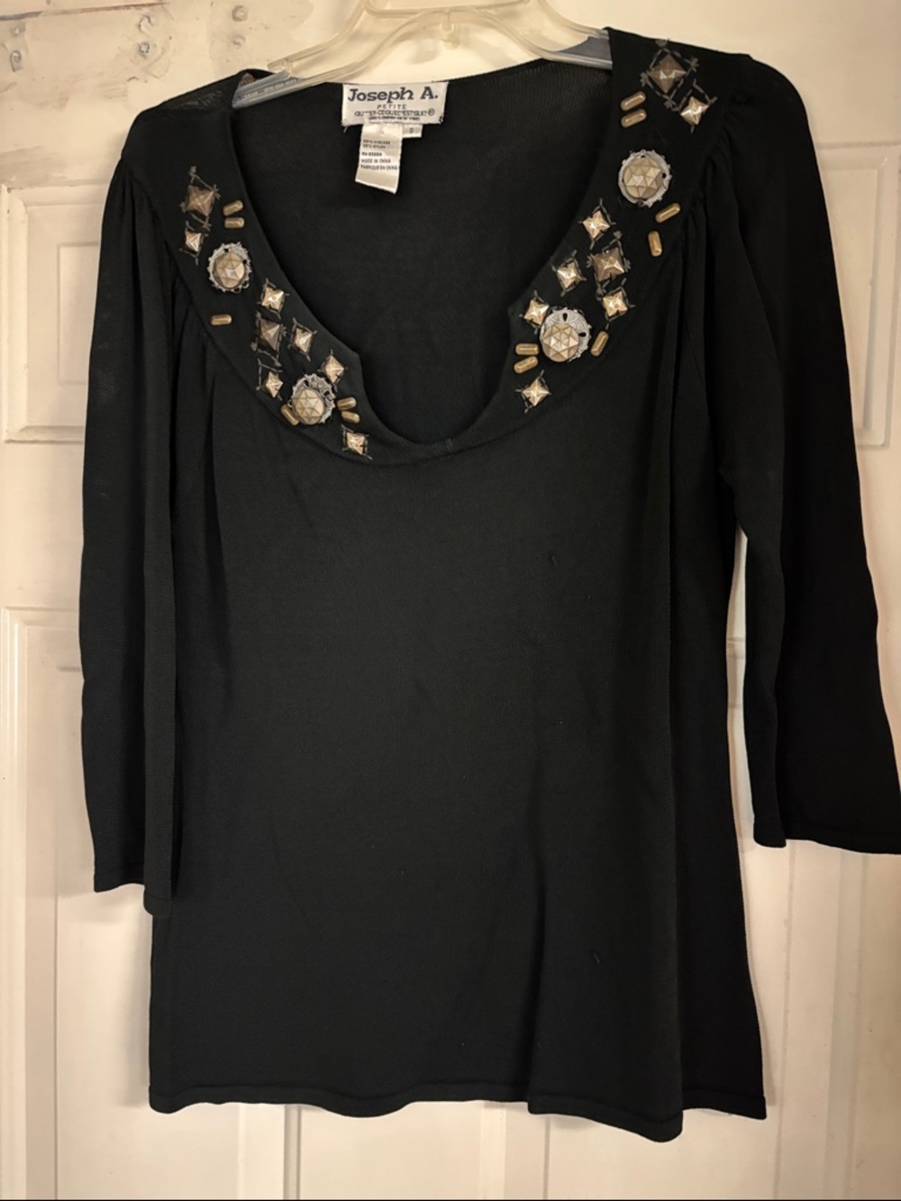 Joseph A Black Embellished Scoop Neck Blouse